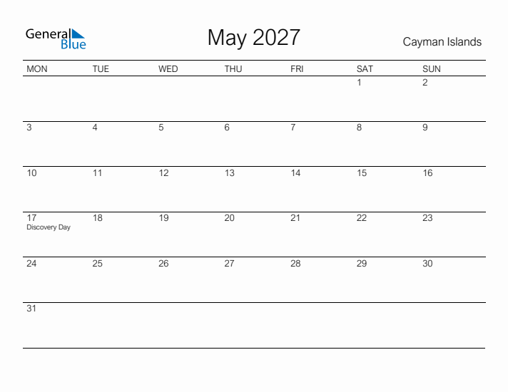Printable May 2027 Calendar for Cayman Islands