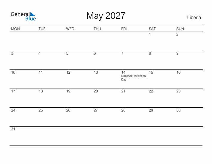 Printable May 2027 Calendar for Liberia