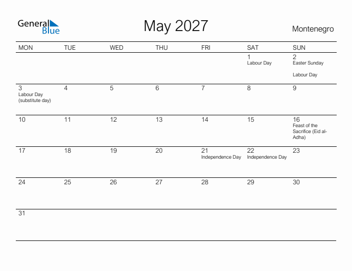Printable May 2027 Calendar for Montenegro