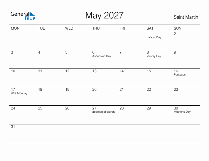Printable May 2027 Calendar for Saint Martin