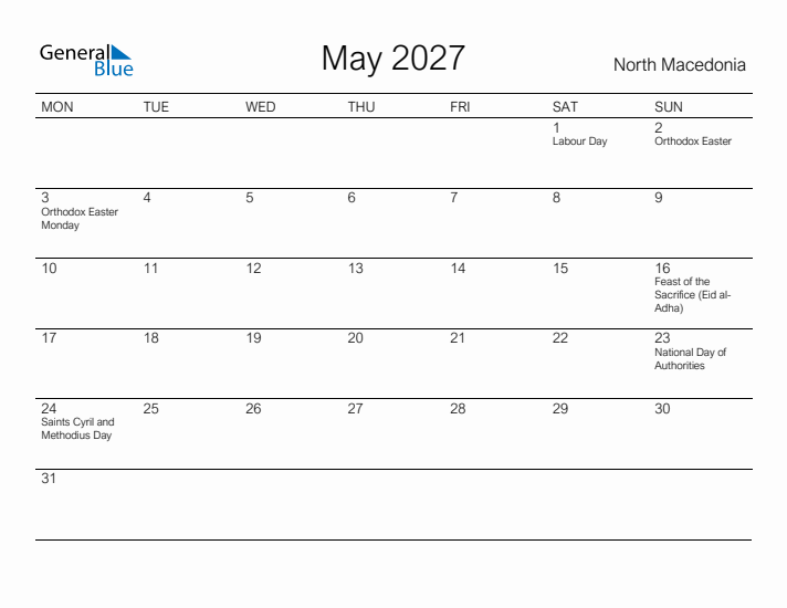Printable May 2027 Calendar for North Macedonia