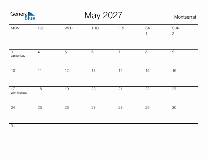 Printable May 2027 Calendar for Montserrat