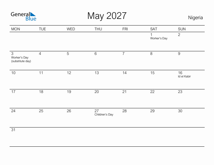 Printable May 2027 Calendar for Nigeria