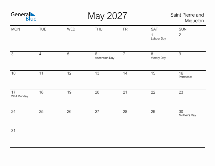 Printable May 2027 Calendar for Saint Pierre and Miquelon