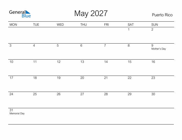 Printable May 2027 Calendar for Puerto Rico