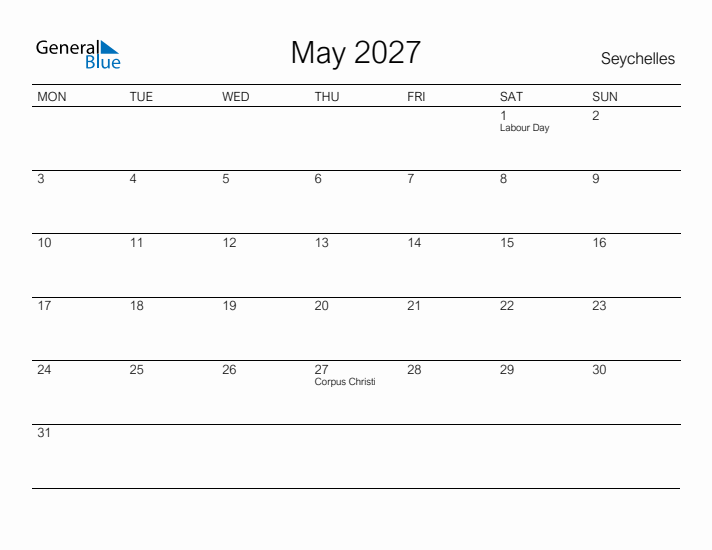 Printable May 2027 Calendar for Seychelles