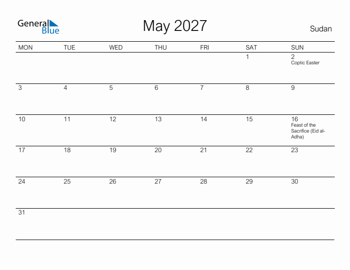Printable May 2027 Calendar for Sudan