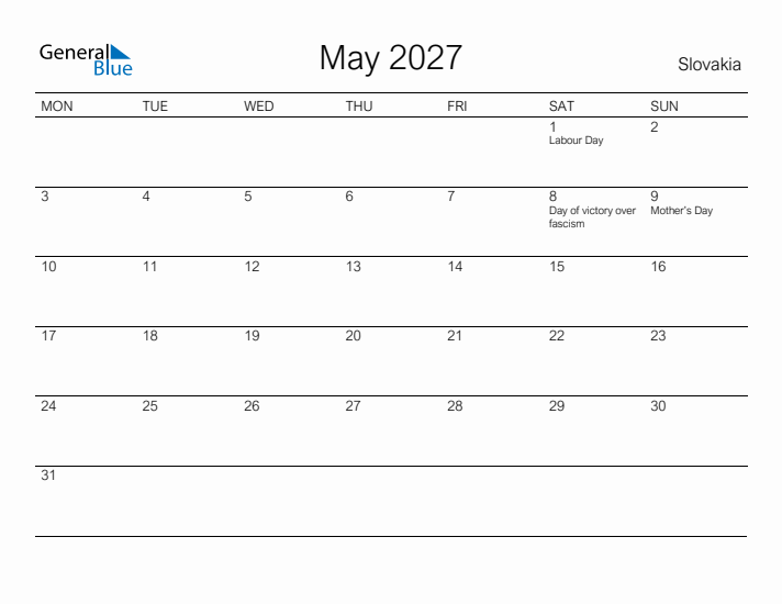Printable May 2027 Calendar for Slovakia