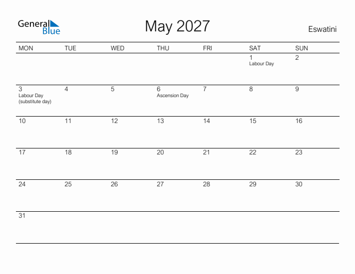 Printable May 2027 Calendar for Eswatini