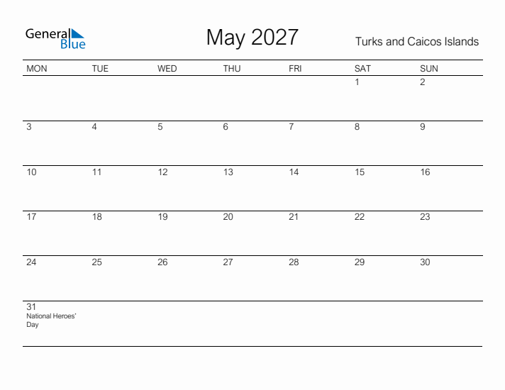 Printable May 2027 Calendar for Turks and Caicos Islands