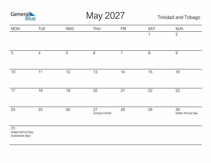 Printable May 2027 Calendar for Trinidad and Tobago
