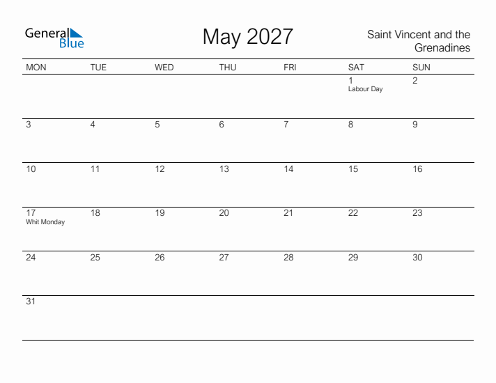 Printable May 2027 Calendar for Saint Vincent and the Grenadines
