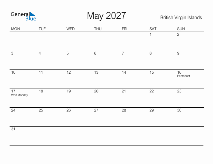 Printable May 2027 Calendar for British Virgin Islands