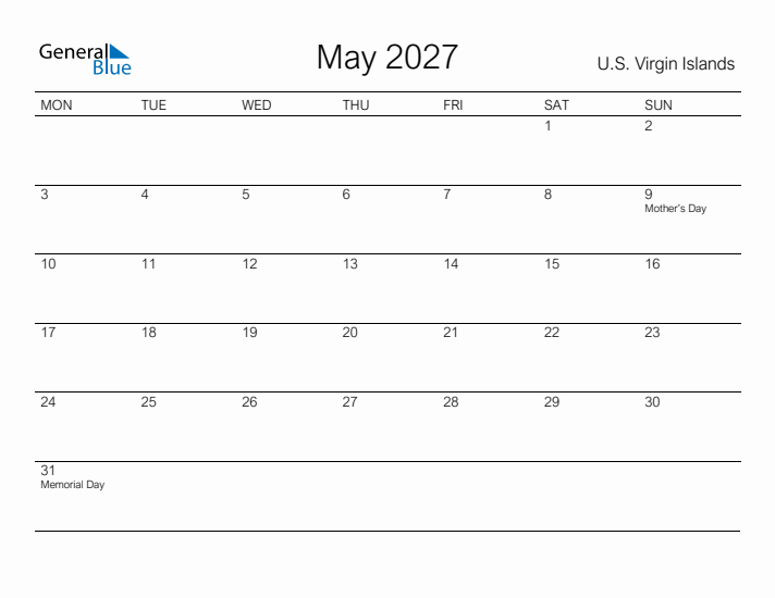 Printable May 2027 Calendar for U.S. Virgin Islands