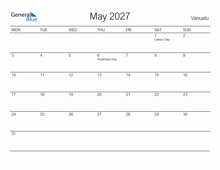 Printable May 2027 Calendar for Vanuatu