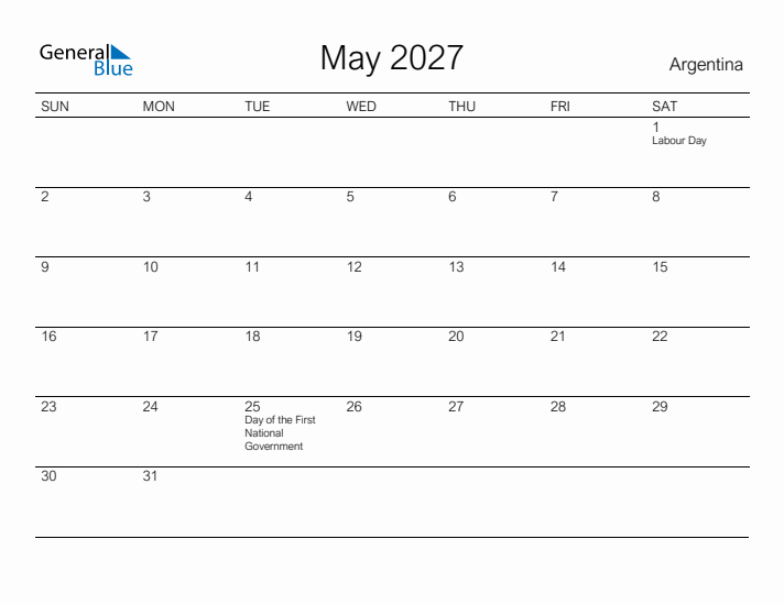 Printable May 2027 Calendar for Argentina