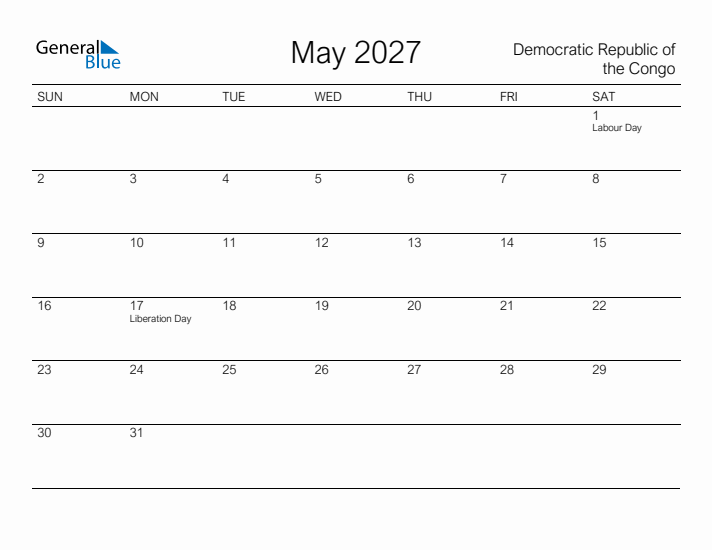 Printable May 2027 Calendar for Democratic Republic of the Congo