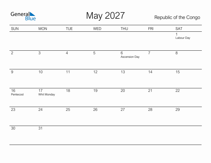Printable May 2027 Calendar for Republic of the Congo