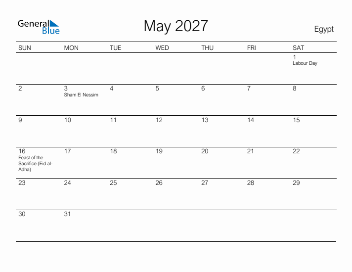 Printable May 2027 Calendar for Egypt