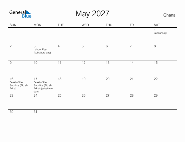 Printable May 2027 Calendar for Ghana