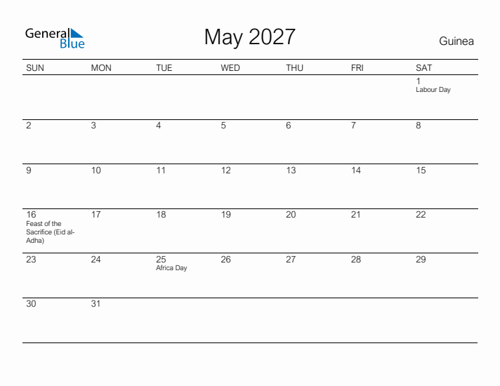 Printable May 2027 Calendar for Guinea