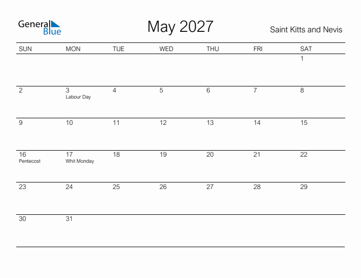 Printable May 2027 Calendar for Saint Kitts and Nevis