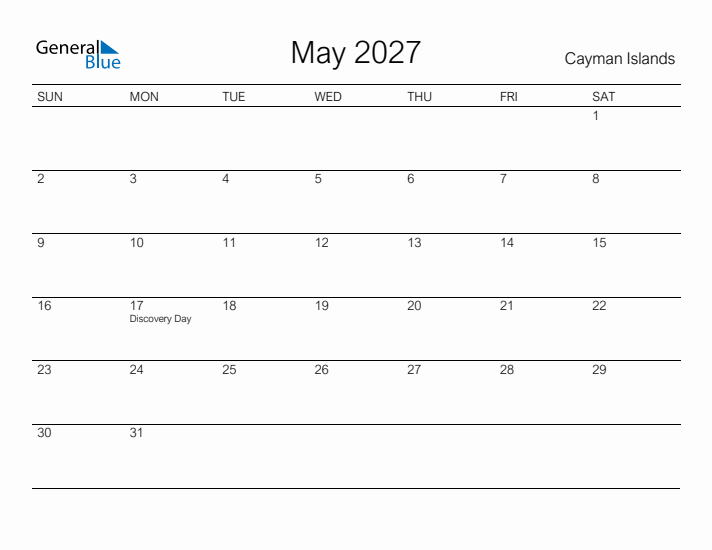 Printable May 2027 Calendar for Cayman Islands
