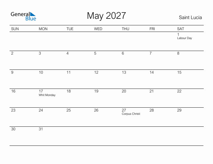 Printable May 2027 Calendar for Saint Lucia