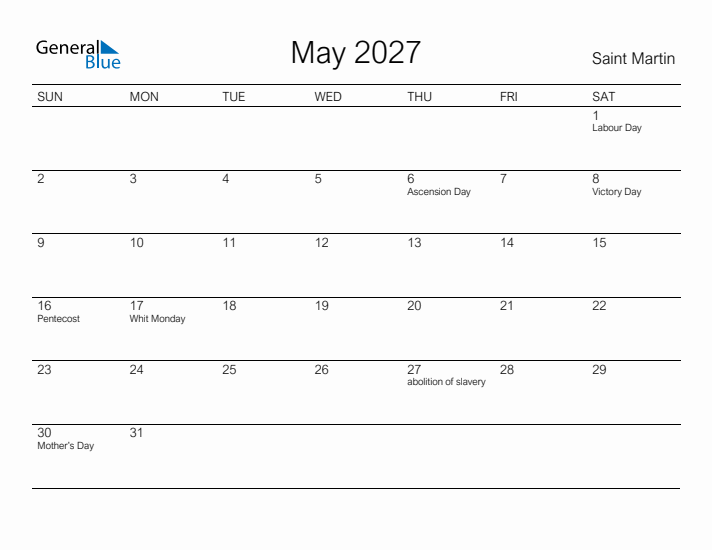 Printable May 2027 Calendar for Saint Martin