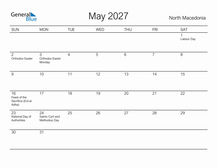 Printable May 2027 Calendar for North Macedonia