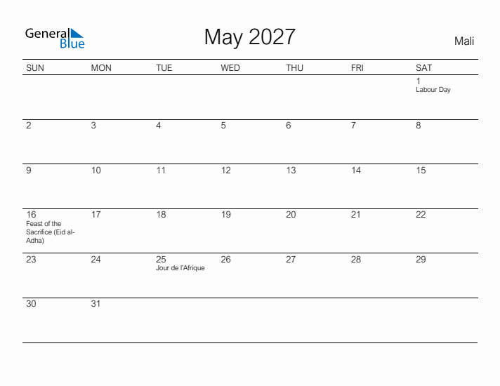 Printable May 2027 Calendar for Mali