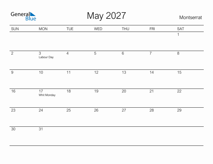 Printable May 2027 Calendar for Montserrat