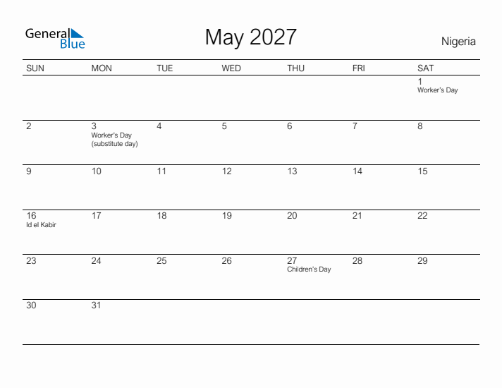 Printable May 2027 Calendar for Nigeria