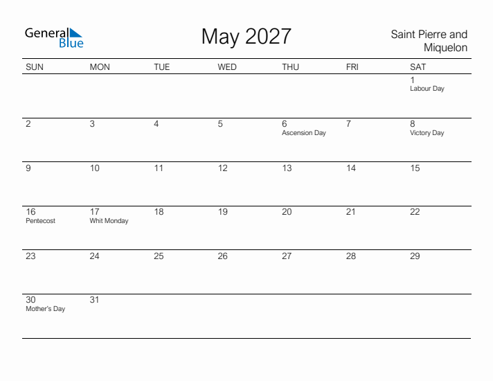 Printable May 2027 Calendar for Saint Pierre and Miquelon