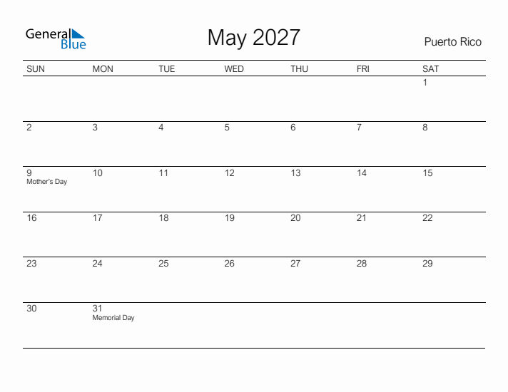 Printable May 2027 Calendar for Puerto Rico