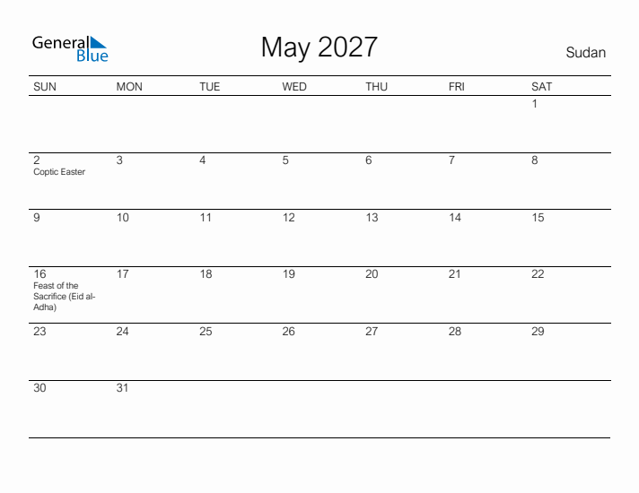 Printable May 2027 Calendar for Sudan