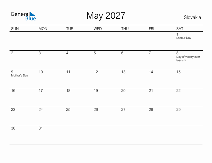Printable May 2027 Calendar for Slovakia