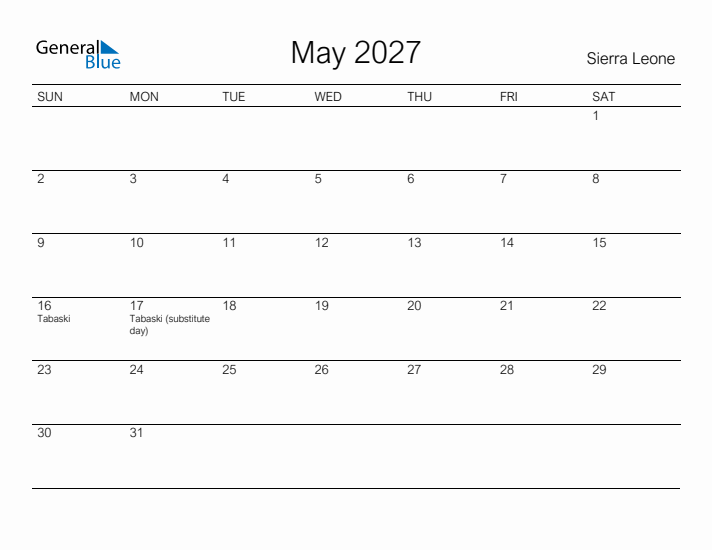 Printable May 2027 Calendar for Sierra Leone