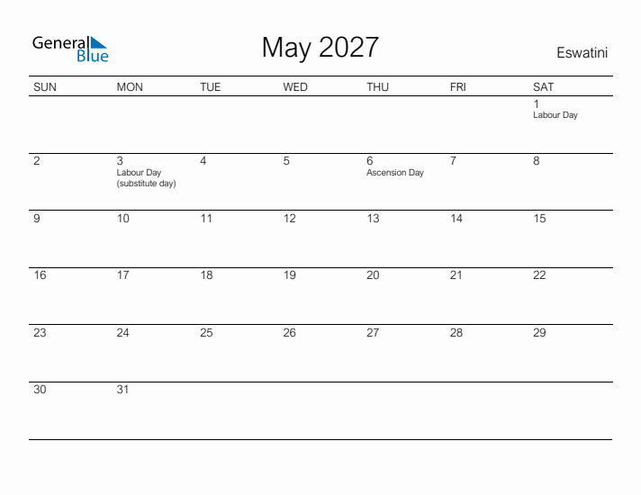 Printable May 2027 Calendar for Eswatini