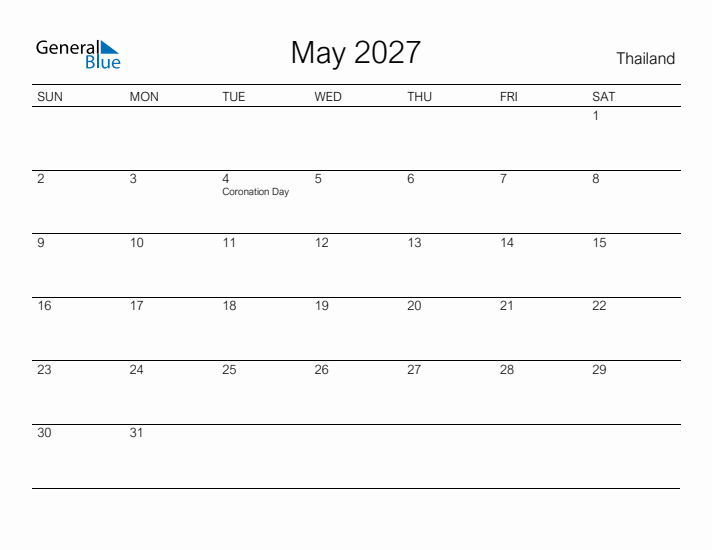 Printable May 2027 Calendar for Thailand