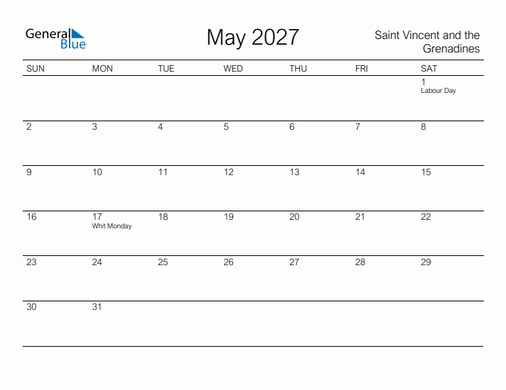 Printable May 2027 Calendar for Saint Vincent and the Grenadines