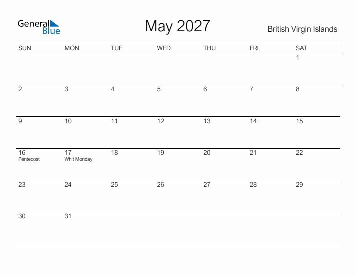 Printable May 2027 Calendar for British Virgin Islands