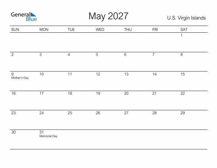 Printable May 2027 Calendar for U.S. Virgin Islands