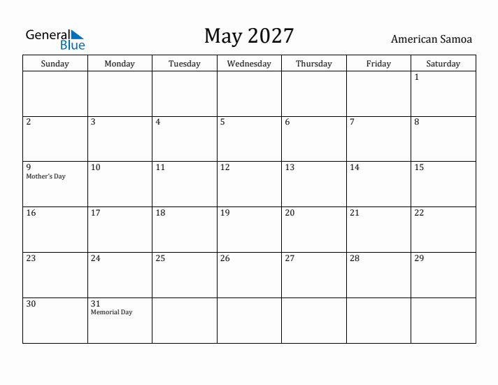May 2027 Calendar American Samoa