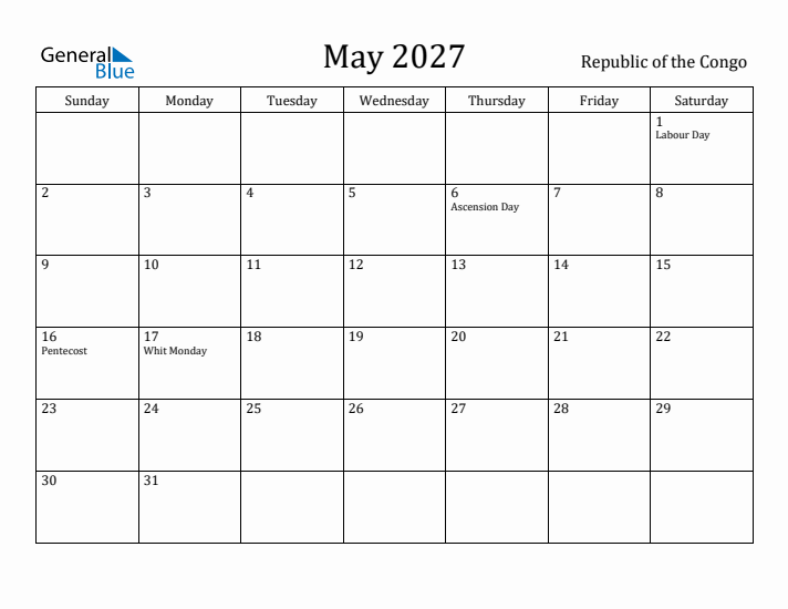May 2027 Calendar Republic of the Congo