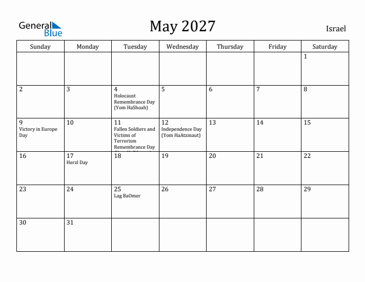 May 2027 Calendar Israel