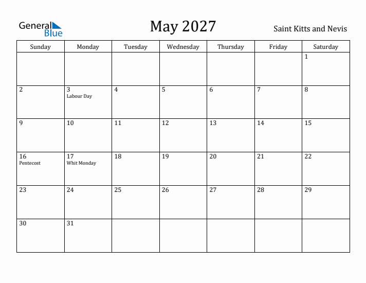 May 2027 Calendar Saint Kitts and Nevis