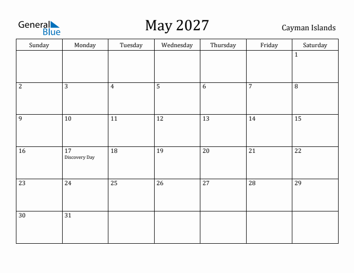 May 2027 Calendar Cayman Islands