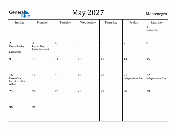 May 2027 Calendar Montenegro