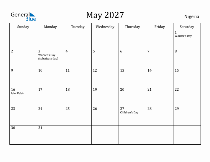 May 2027 Calendar Nigeria